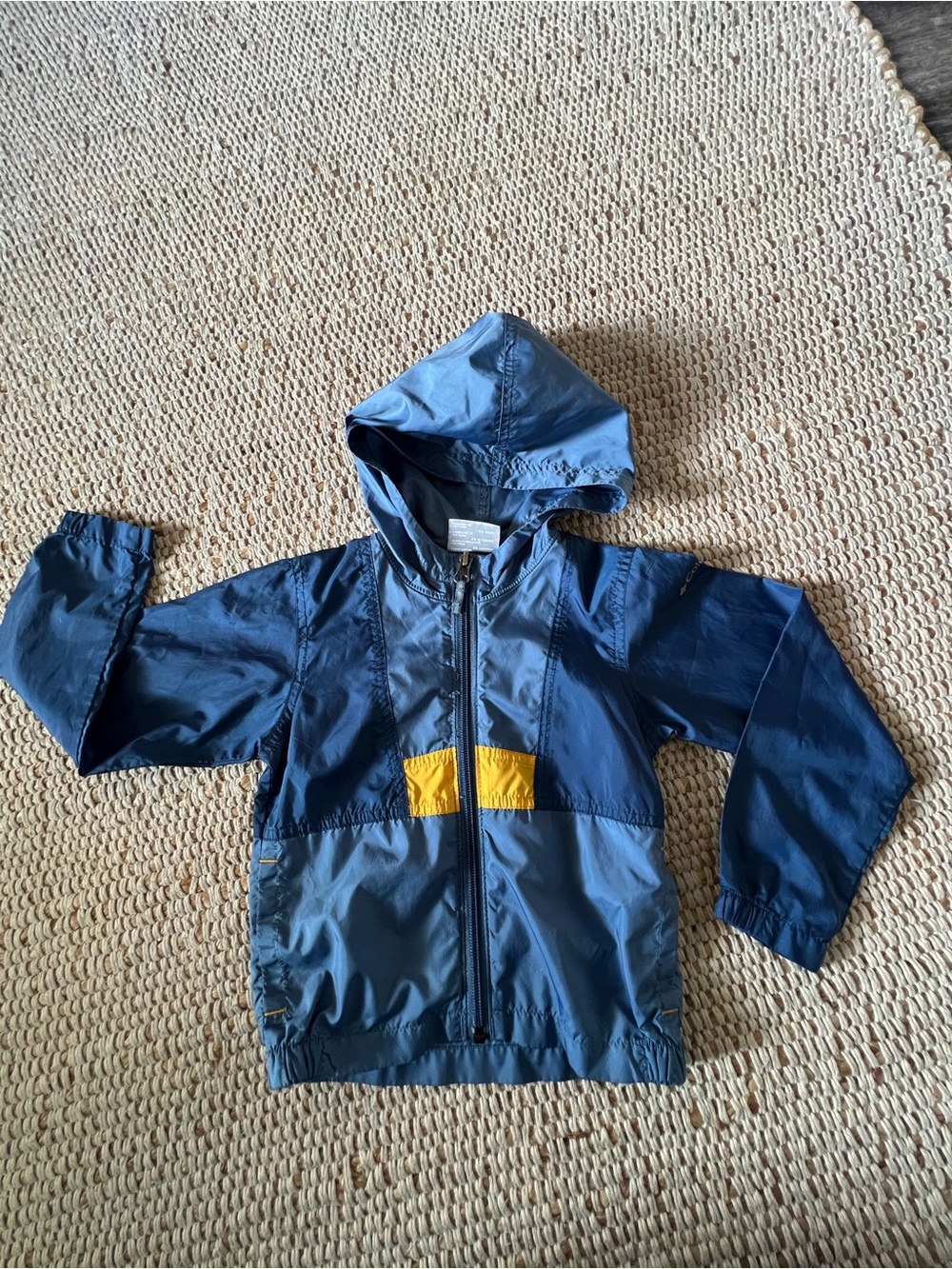Children's Navy Hooded Rain Jacket with Yellow Accent